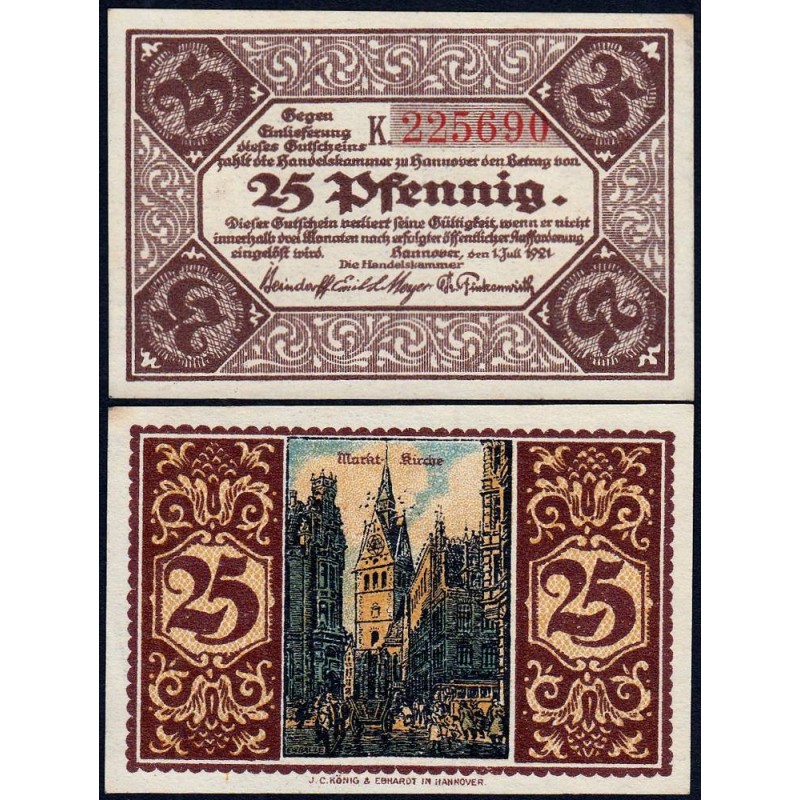 Allemagne - Notgeld - Hannover (Ch. de Comm.) - 25 pfennig - Série K - 01/07/1921 - Etat : NEUF