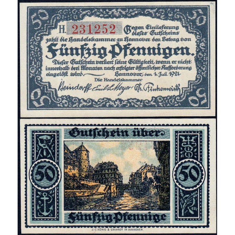 Allemagne - Notgeld - Hannover (Ch. de Comm.) - 50 pfennigen - Série H - 01/07/1921 - Etat : NEUF
