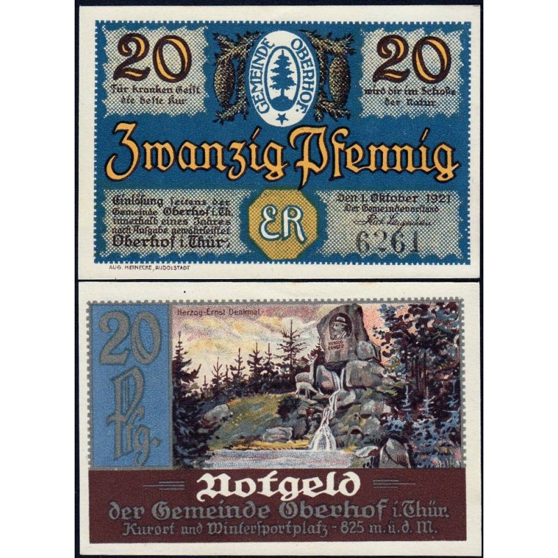Allemagne - Notgeld - Oberhof - 20 pfennig - 01/10/1921 - Lettres ER - Etat : SPL
