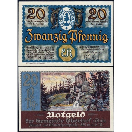 Allemagne - Notgeld - Oberhof - 20 pfennig - 01/10/1921 - Lettres ER - Etat : SPL