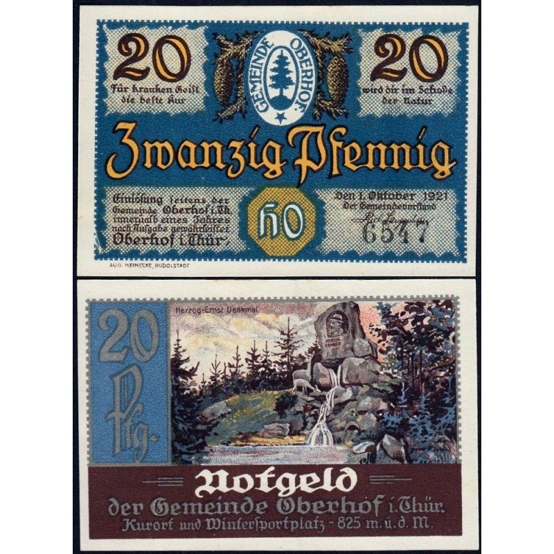 Allemagne - Notgeld - Oberhof - 20 pfennig - 01/10/1921 - Lettres HO - Etat : NEUF