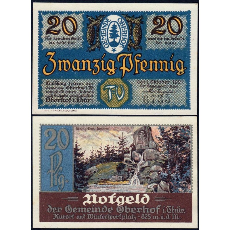 Allemagne - Notgeld - Oberhof - 20 pfennig - 01/10/1921 - Lettres FV - Etat : NEUF