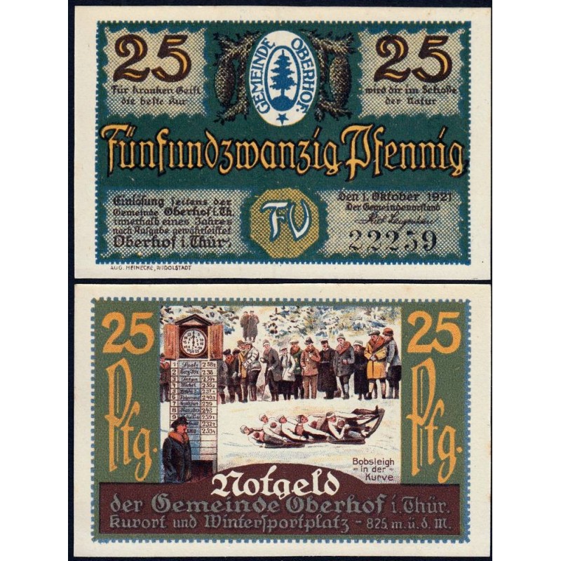 Allemagne - Notgeld - Oberhof - 25 pfennig - 01/10/1921 - Lettres FV - Etat : NEUF