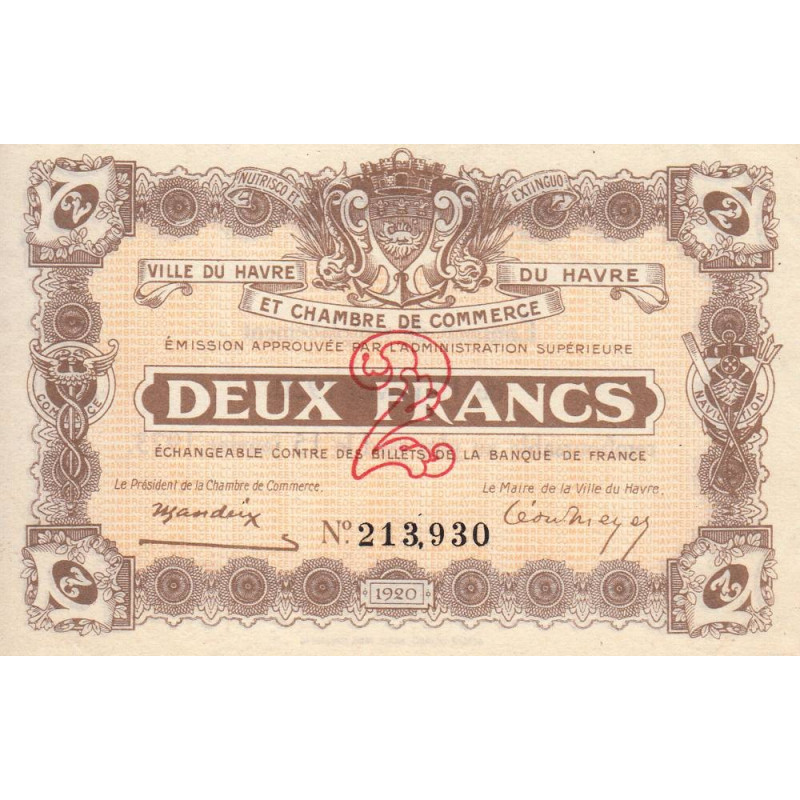 Le Havre - Pirot 68-24 - 2 francs - 15/01/1920 - Etat : SPL+