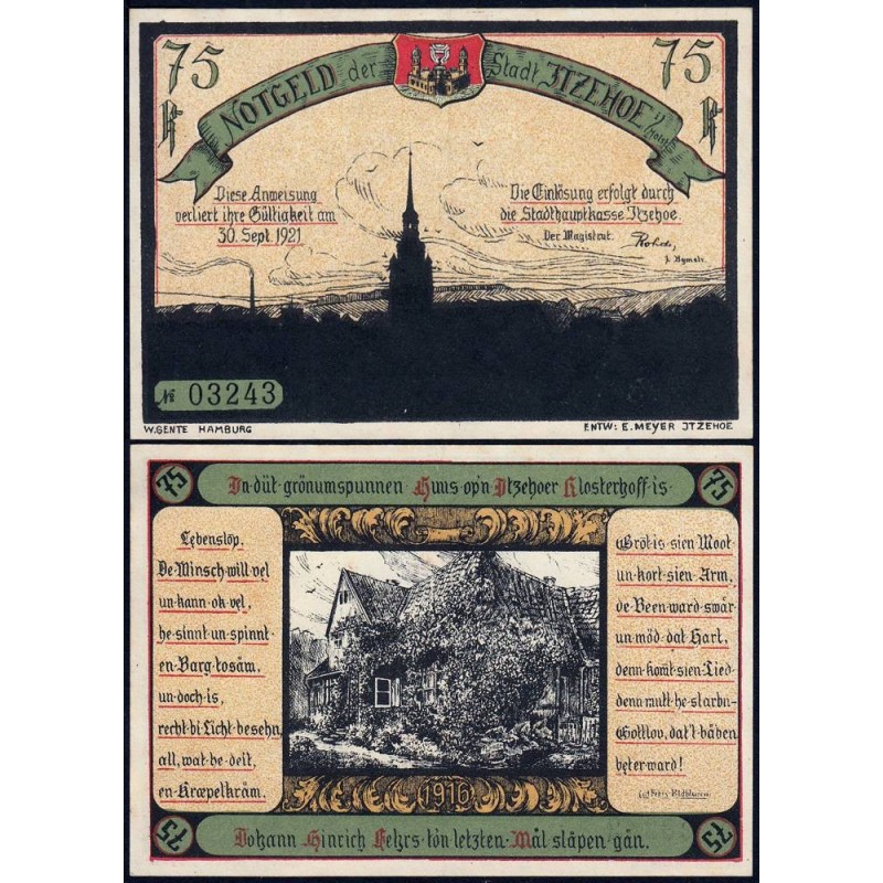 Allemagne - Notgeld - Itzehoe - 75 pfennig - 1921 - Etat : SUP+