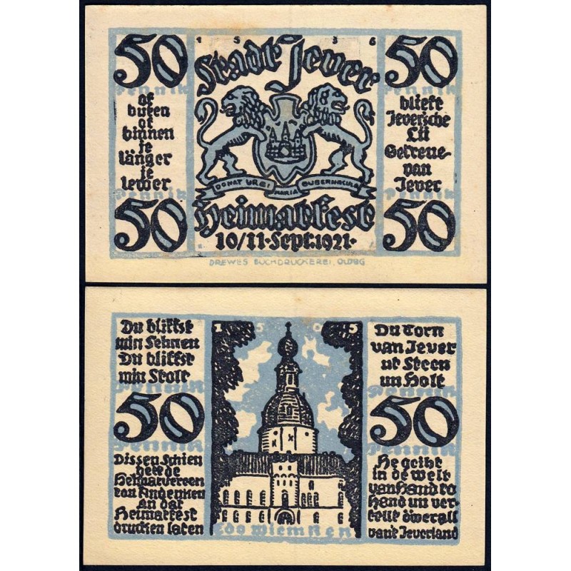 Allemagne - Notgeld - Jever - 50 pfennig - 10/09/1921 - Etat : SPL+