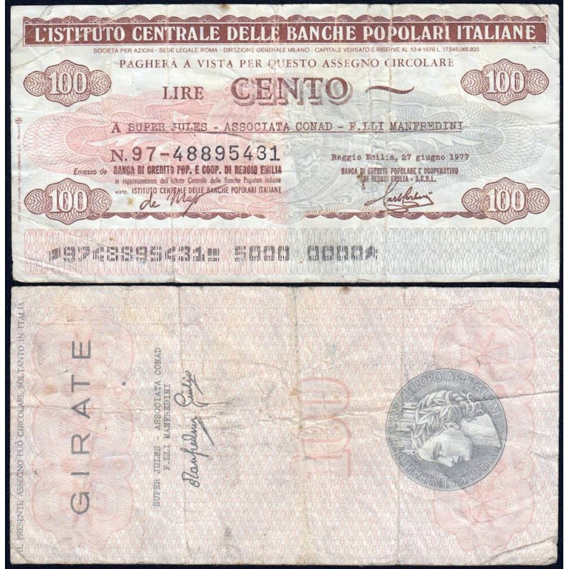Italie - Miniassegni - L'Istituto Centrale delle Banche Popolari Italiane - 100 lire - 27/06/1977 - Etat : TB