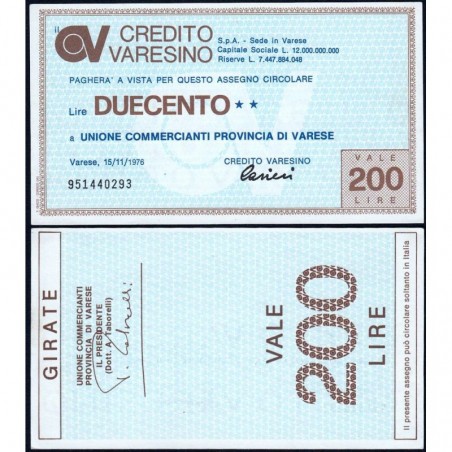Italie - Miniassegni - Il Credito Varesino - 200 lire - 15/11/1976 - Etat : NEUF