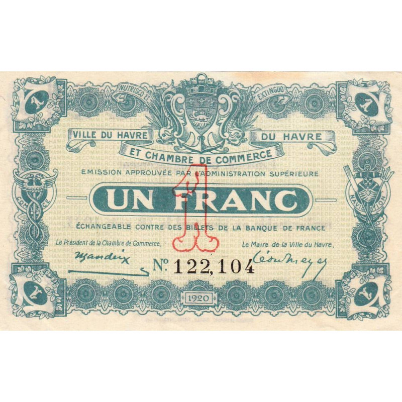 Le Havre - Pirot 68-28 - 1 franc - 18/08/1920 - Etat : SUP+