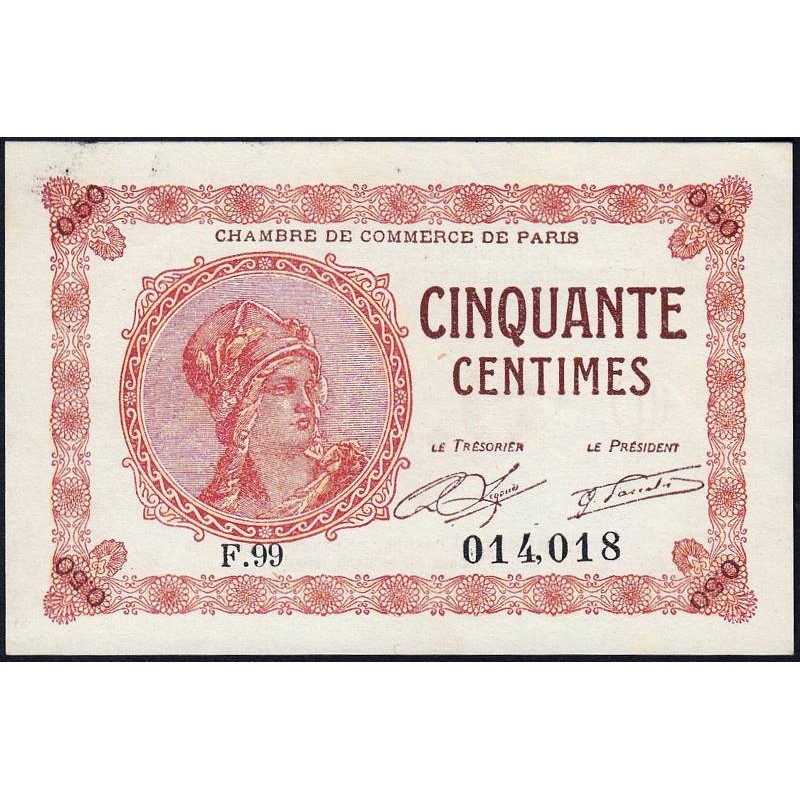 Paris - Pirot 97-10 - 50 centimes - Série F.99 - 10/03/1920 - Etat : SPL