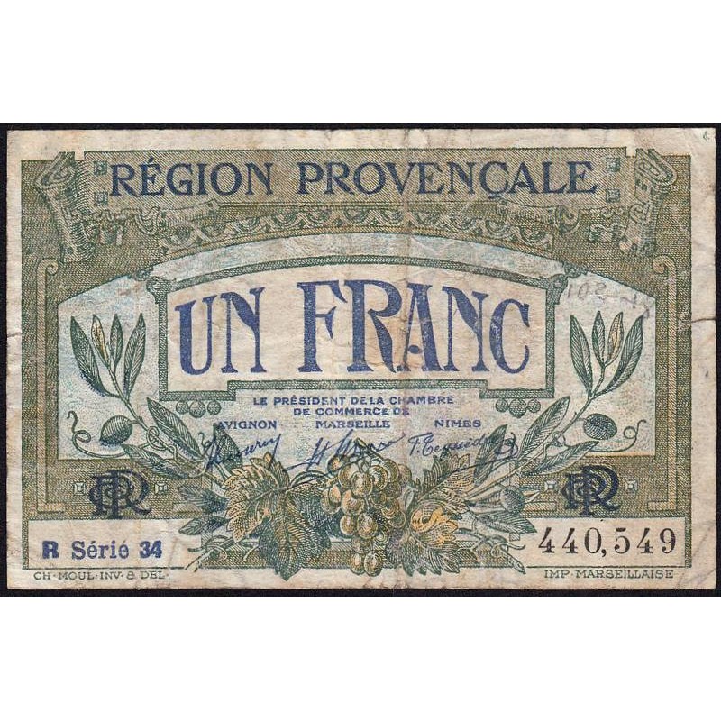 Région Provençale - Pirot 102-18 - 1 franc - R Série 34 - Sans date - Etat : B+