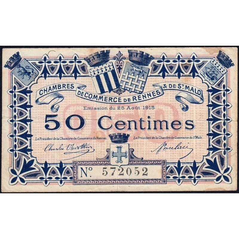 Rennes et Saint-Malo - Pirot 105-1 - 50 centimes - Sans série - 25/08/1915 - Etat : TB+