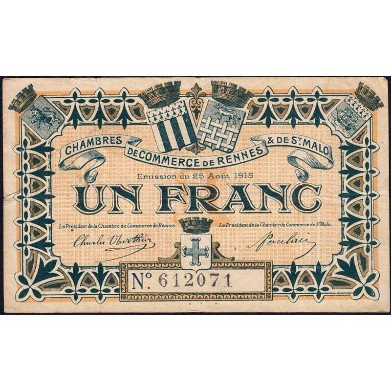 Rennes et Saint-Malo - Pirot 105-3 - 1 franc - Sans série - 25/08/1915 - Etat : TB+