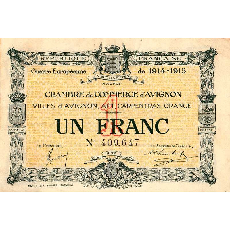 Avignon - Pirot 18-5 variété - 1 franc - 11/08/1915 - Etat : TTB
