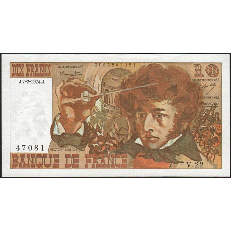 F 63-03 - 07/02/1974 - 10 francs - Berlioz - Série V.22 - Etat : TTB+