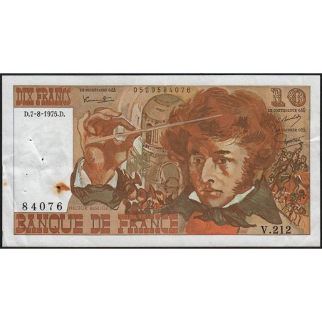 F 63-12 - 07/08/1975 - 10 francs - Berlioz - Série V.212 - Etat : TB+