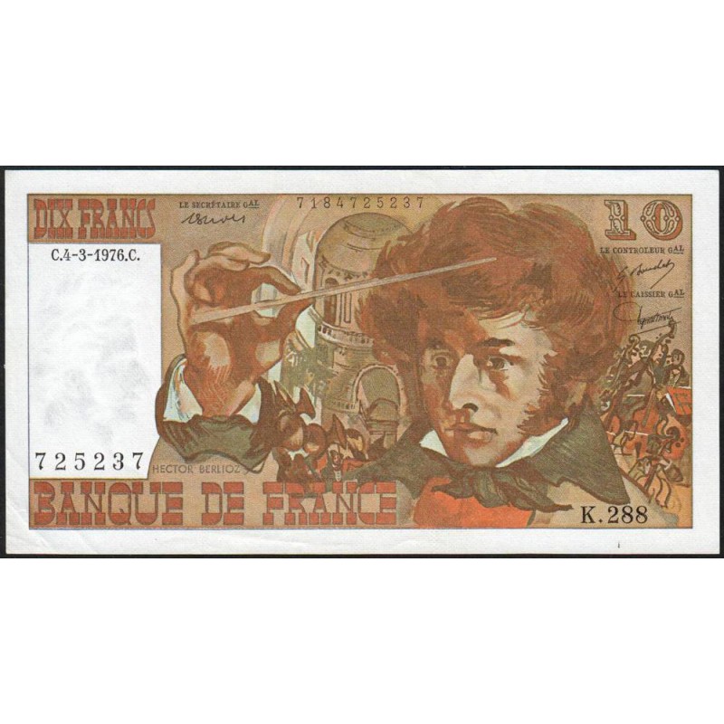 F 63-18 - 04/03/1976 - 10 francs - Berlioz - Série K.288 - Etat : TTB+