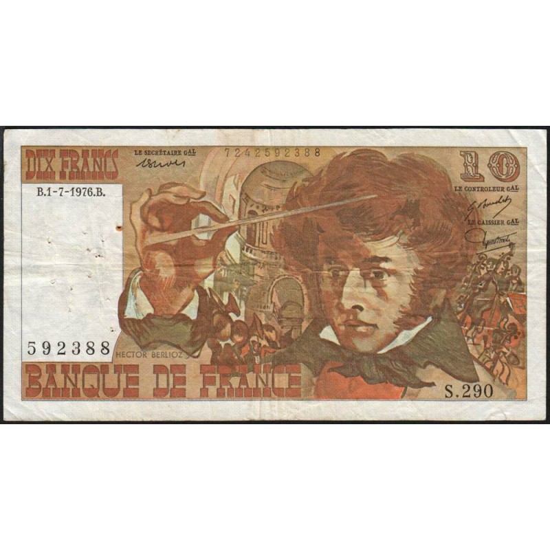 F 63-19 - 01/07/1976 - 10 francs - Berlioz - Série S.290 - Etat : TB