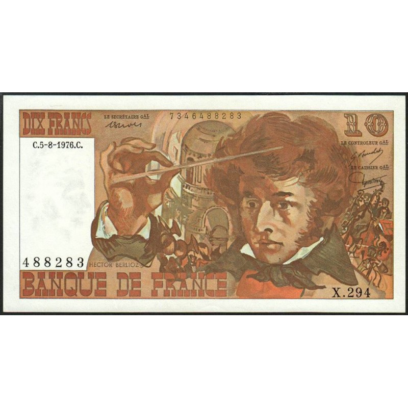 F 63-20 - 05/08/1976 - 10 francs - Berlioz - Série X.294 - Etat : SPL+