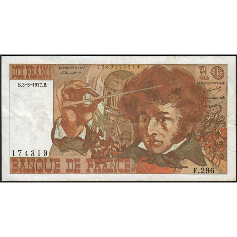 F 63-21 - 03/03/1977 - 10 francs - Berlioz - Série F.296 - Etat : TB+