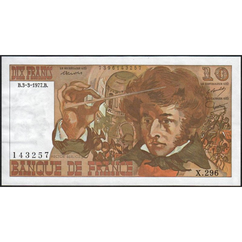 F 63-21 - 03/03/1977 - 10 francs - Berlioz - Série X.296 - Etat : TTB+