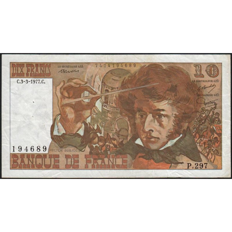 F 63-21 - 03/03/1977 - 10 francs - Berlioz - Série P.297 - Etat : TB+