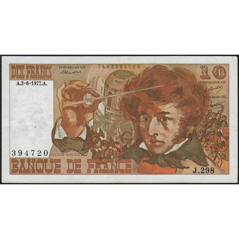 F 63-22 - 02/06/1977 - 10 francs - Berlioz - Série J.298 - Etat : TTB+