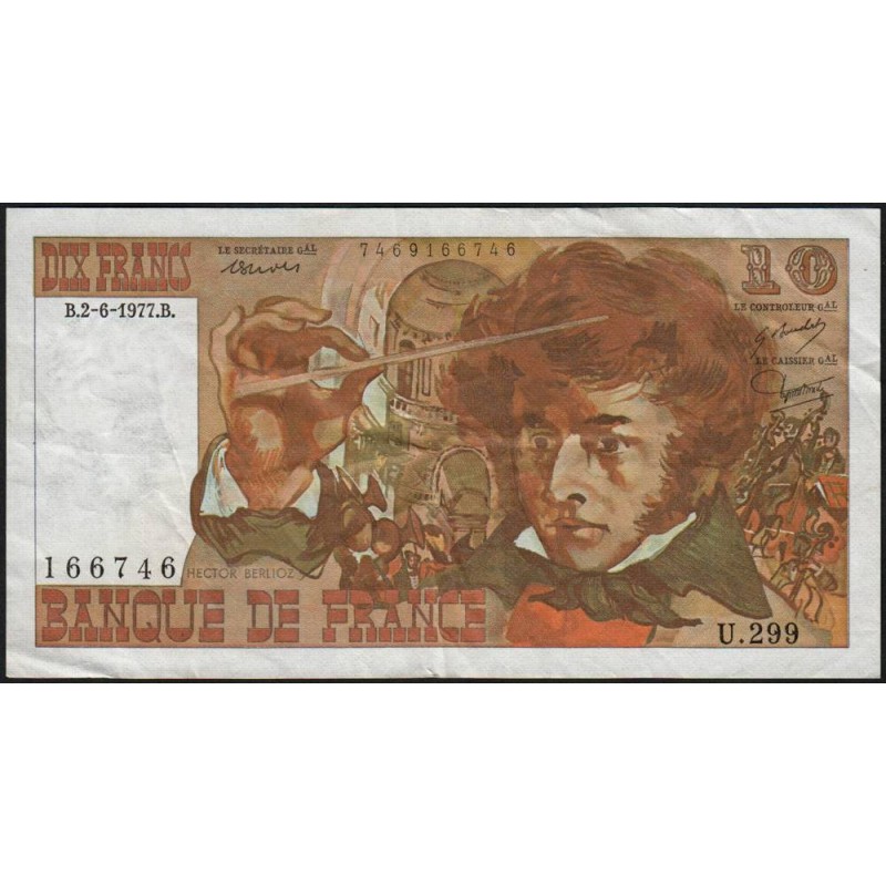 F 63-22 - 02/06/1977 - 10 francs - Berlioz - Série U.299 - Etat : TB
