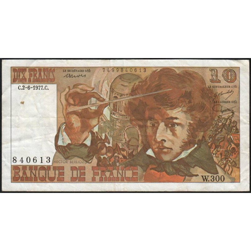 F 63-22 - 02/06/1977 - 10 francs - Berlioz - Série W.300 - Remplacement - Etat : TB+