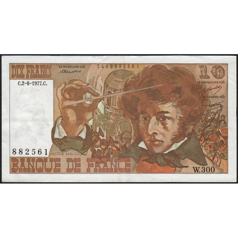 F 63-22 - 02/06/1977 - 10 francs - Berlioz - Série W.300 - Remplacement - Etat : TTB