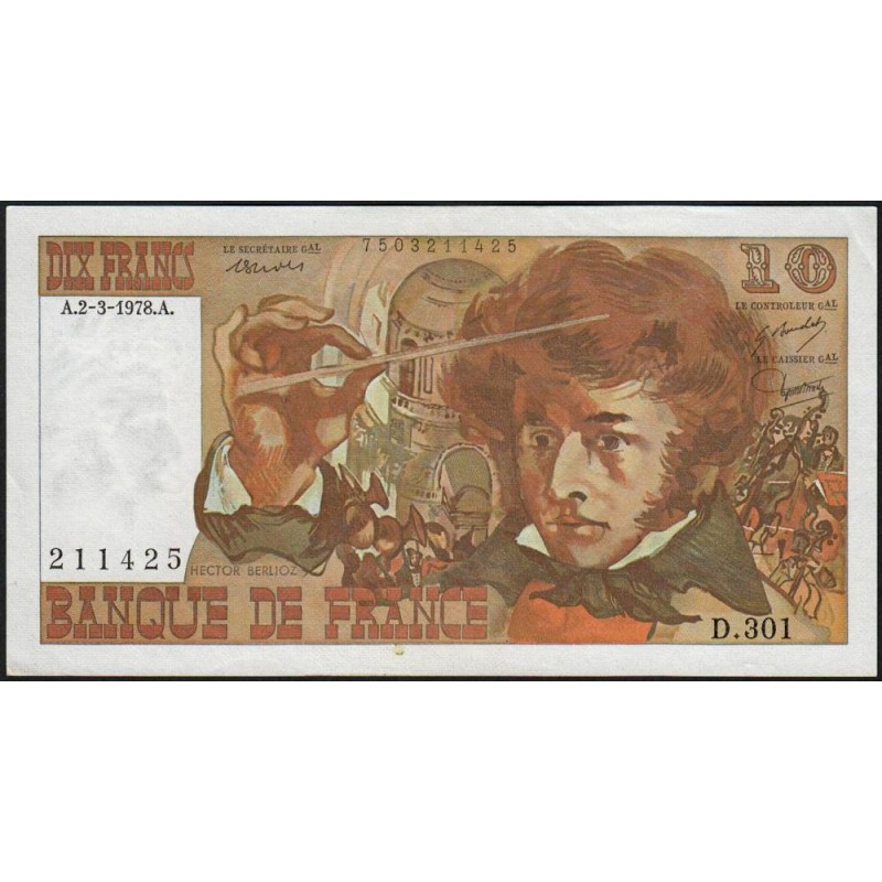 F 63-23 - 02/03/1978 - 10 francs - Berlioz - Série D.301 - Etat : TTB+