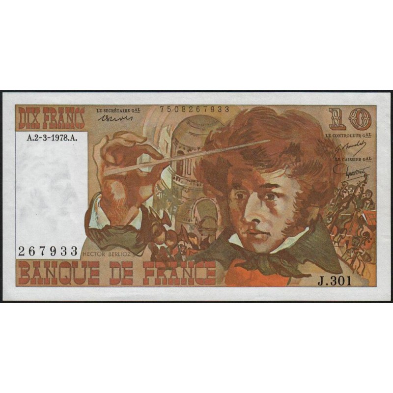 F 63-23 - 02/03/1978 - 10 francs - Berlioz - Série J.301 - Etat : SUP+