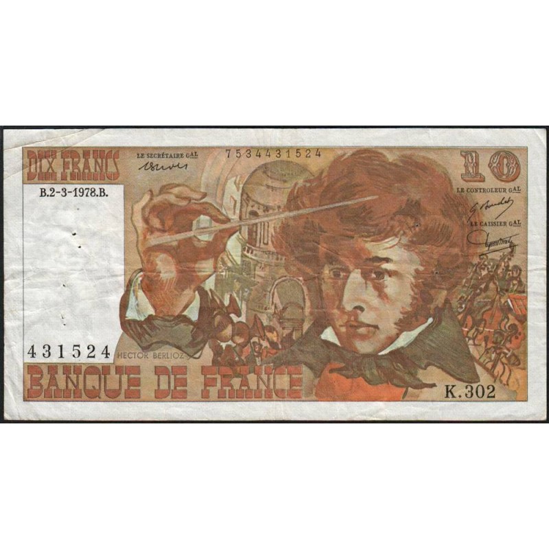F 63-23 - 02/03/1978 - 10 francs - Berlioz - Série K.302 - Etat : TB