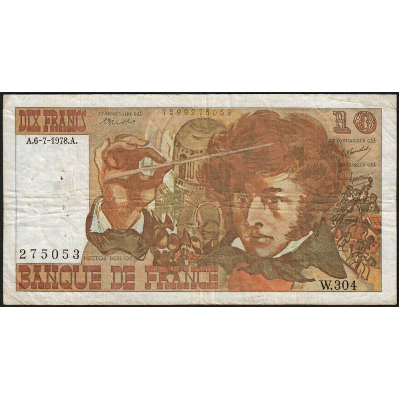 F 63-24 - 06/07/1978 - 10 francs - Berlioz - Série W.304 (remplacement) - Etat : TB