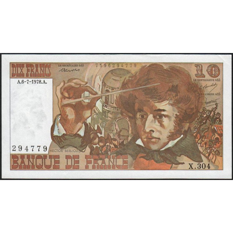 F 63-24 - 06/07/1978 - 10 francs - Berlioz - Série X.304 - Etat : SPL