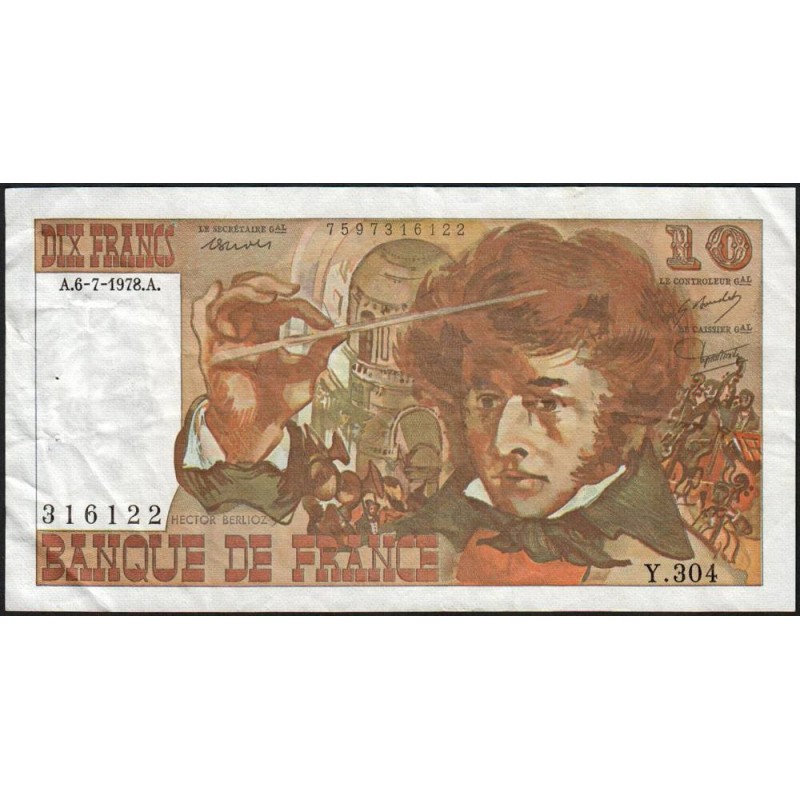 F 63-24 - 06/07/1978 - 10 francs - Berlioz - Série Y.304 - Etat : TB