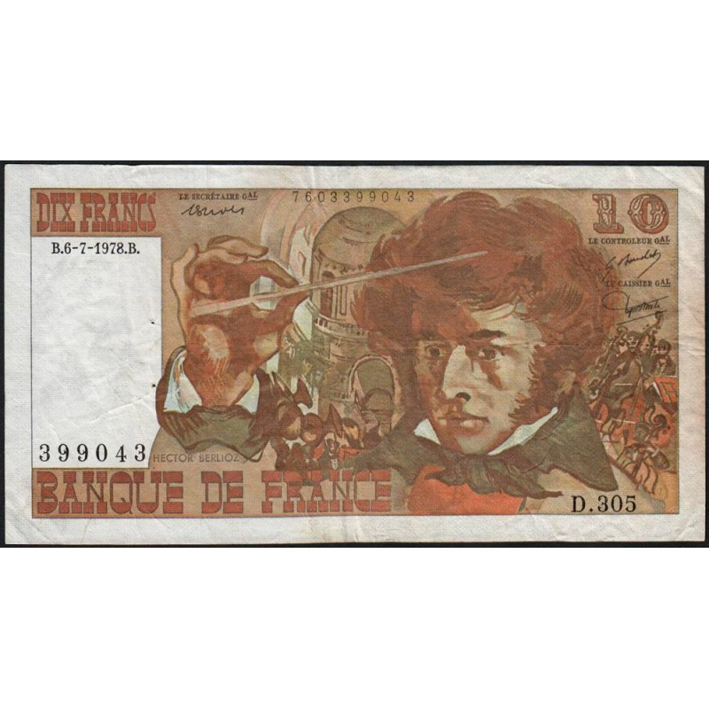 F 63-24 - 06/07/1978 - 10 francs - Berlioz - Série D.305 - Etat : TB