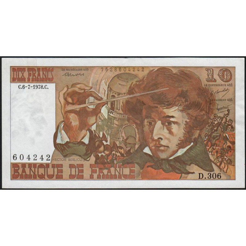 F 63-25 - 06/07/1978 - 10 francs - Berlioz - Série D.306 - Etat : SUP+