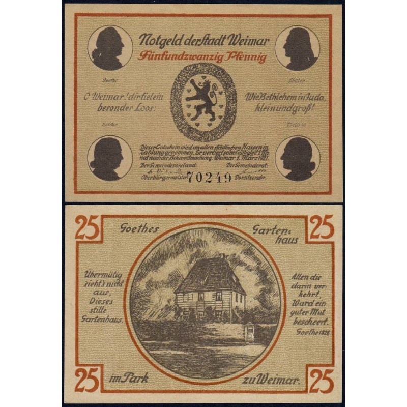 Allemagne - Notgeld - Weimar - 25 pfennig - Type c - 01/03/1921 - Etat : NEUF