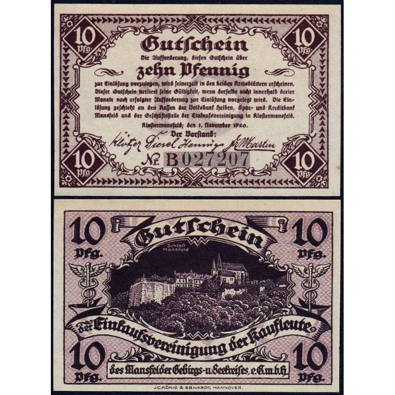 Allemagne - Notgeld - Klostermansfeld - 10 pfennig - Série B - 01/11/1920 - Etat : NEUF