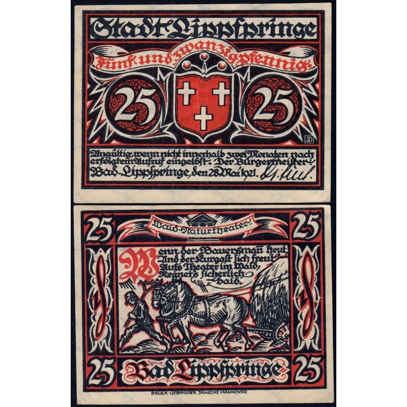 Allemagne - Notgeld - Lippspringe (Bad Lippspringe) - 25 pfennig - 28/05/1921 - Etat : SUP+