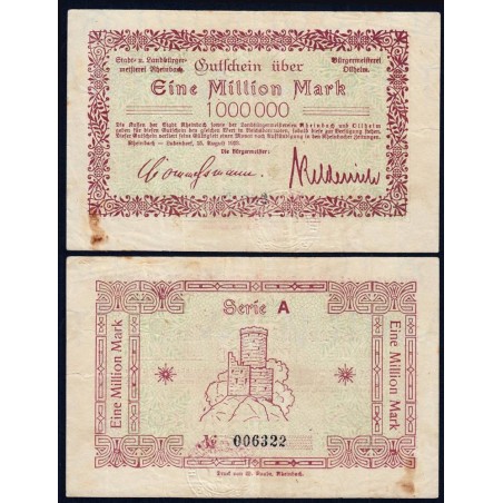 Allemagne - Notgeld - Rheinbach - 1 million mark - Série A - 15/08/1923 - Etat : TTB