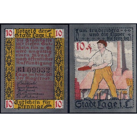 Allemagne - Notgeld - Lage in Lippe - 10 pfennig - Sans série - Type 1 - 02/1921 - Etat : NEUF