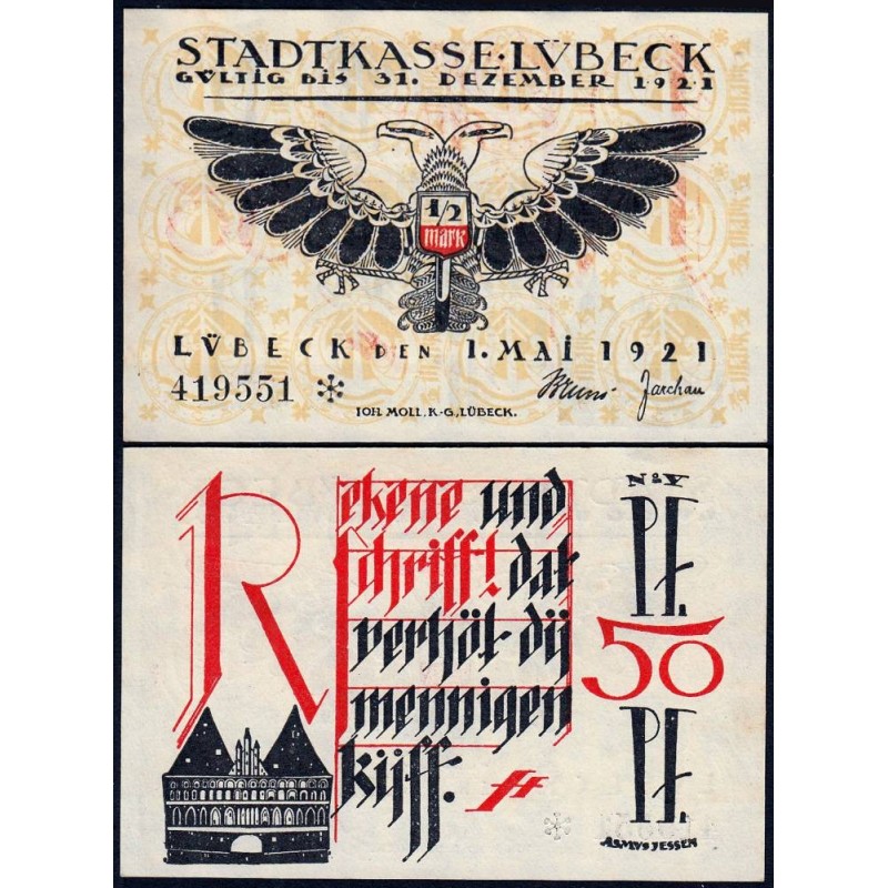 Allemagne - Notgeld - Lübeck - 50 pfennig - Série V - 01/05/1921 - Etat : SPL