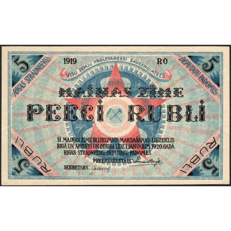 Lettonie - Pick R.3a - 5 rubli - Série RO - 1919 - Etat : pr.NEUF