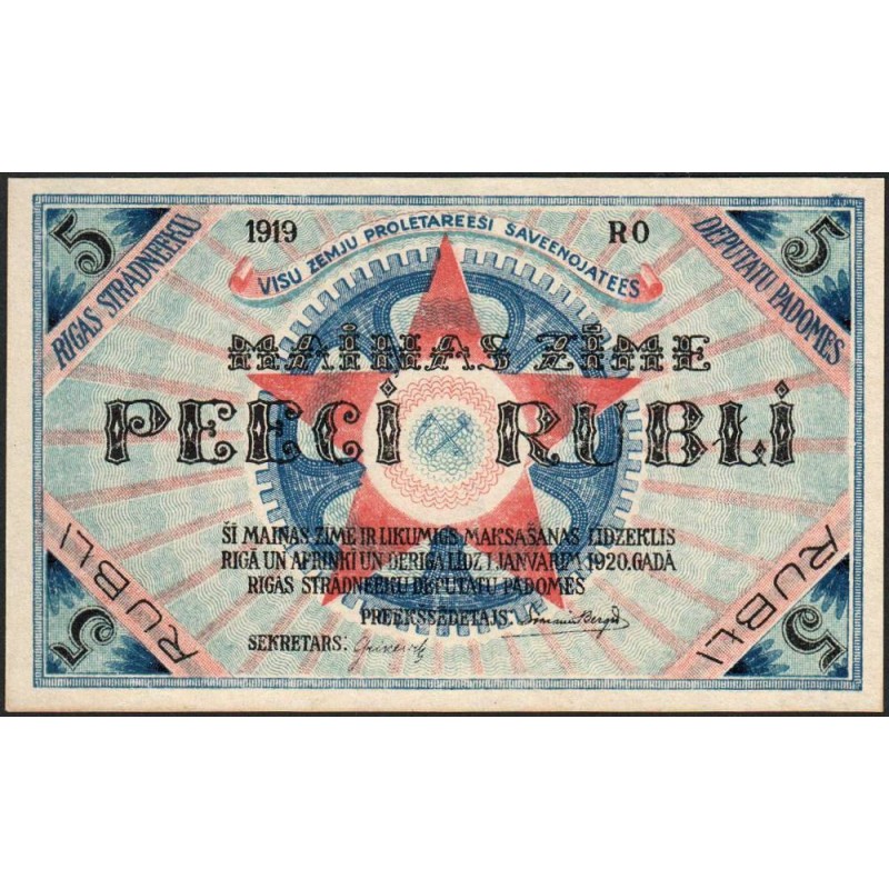 Lettonie - Pick R.3a - 5 rubli - Série RO - 1919 - Etat : NEUF