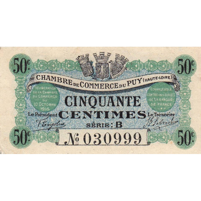 Le Puy (Haute-Loire) - Pirot 70-5 - 50 centimes - Série B - 10/10/1916 - Etat : TTB+