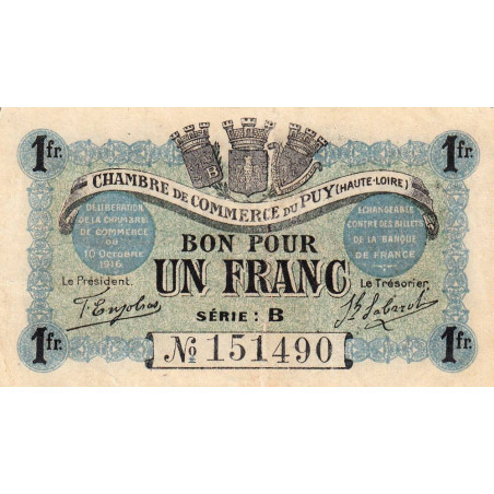 Le Puy (Haute-Loire) - Pirot 70-6 - 1 franc - Série B - 10/10/1916 - Etat : TTB