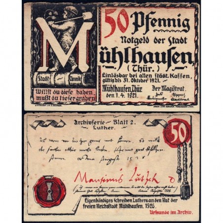 Allemagne - Notgeld - Mühlhausen - 50 pfennig - Document 2 - 01/04/1921 - Etat : TTB+