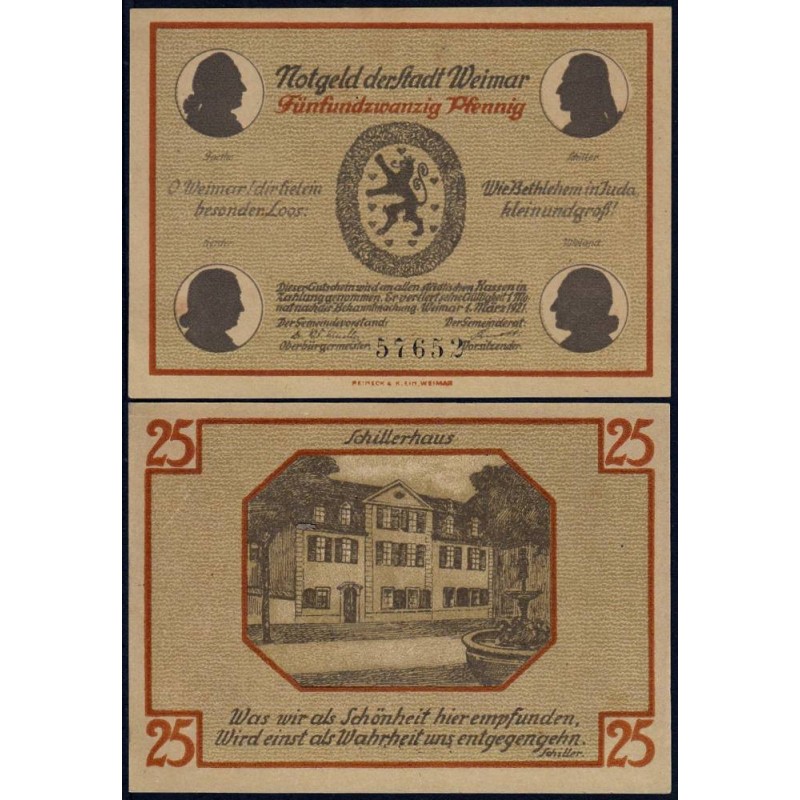 Allemagne - Notgeld - Weimar - 25 pfennig - Type a - 01/03/1921 - Etat : NEUF